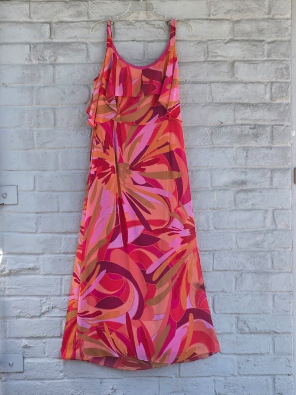 Roz & Ali Womens 14 Plus Pink Abstract Floral Ruffle Maxi Dress Tank Popover Lin - Picture 3 of 6